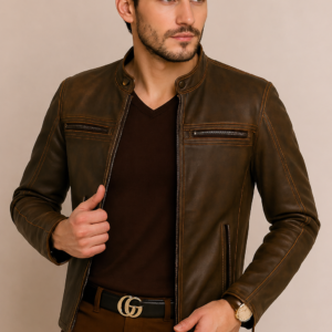 Men Stylish Classic Distressed Triple Stitched Brown Leather Jacket
