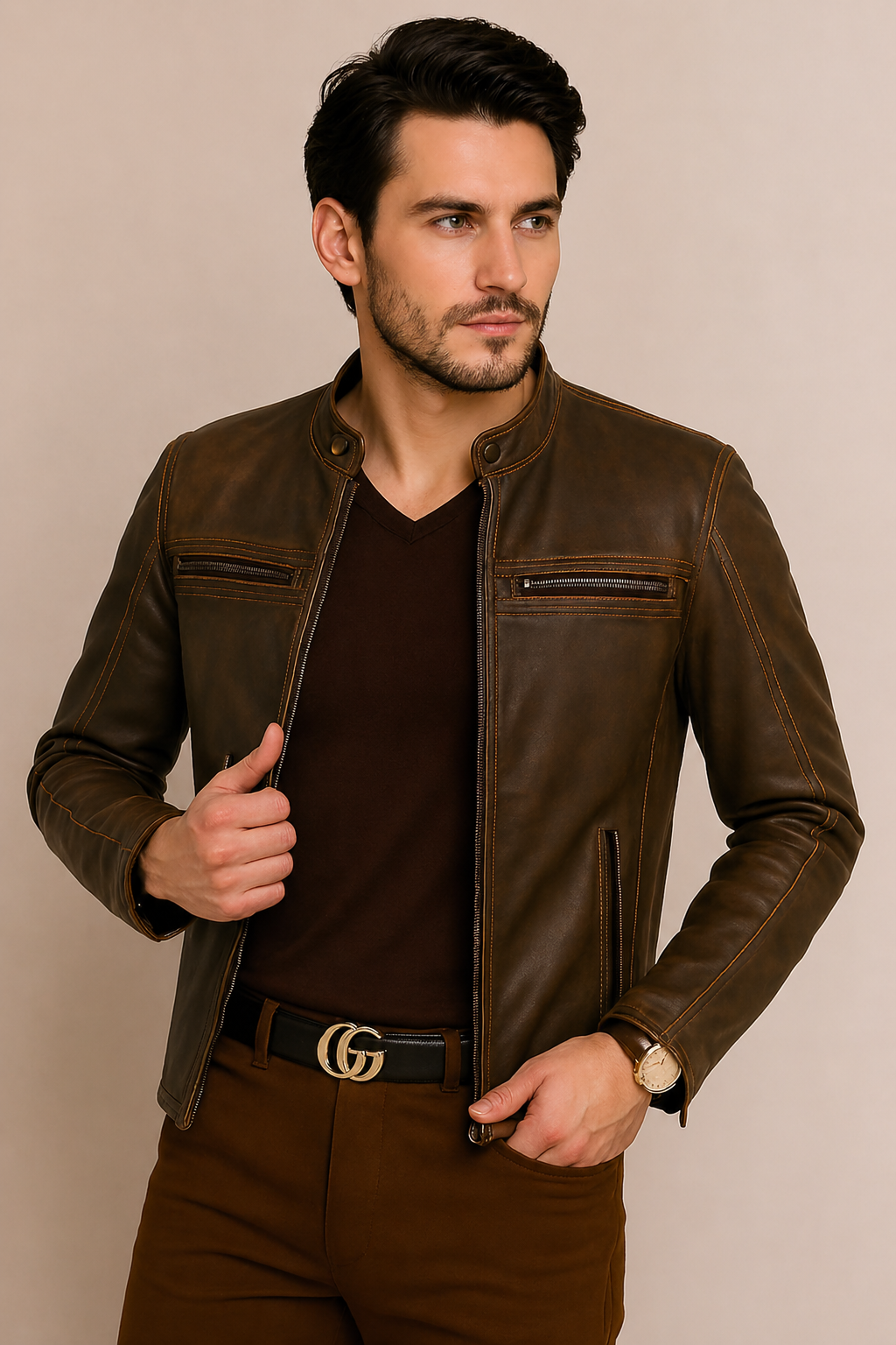 Men Stylish Classic Distressed Triple Stitched Brown Leather Jacket