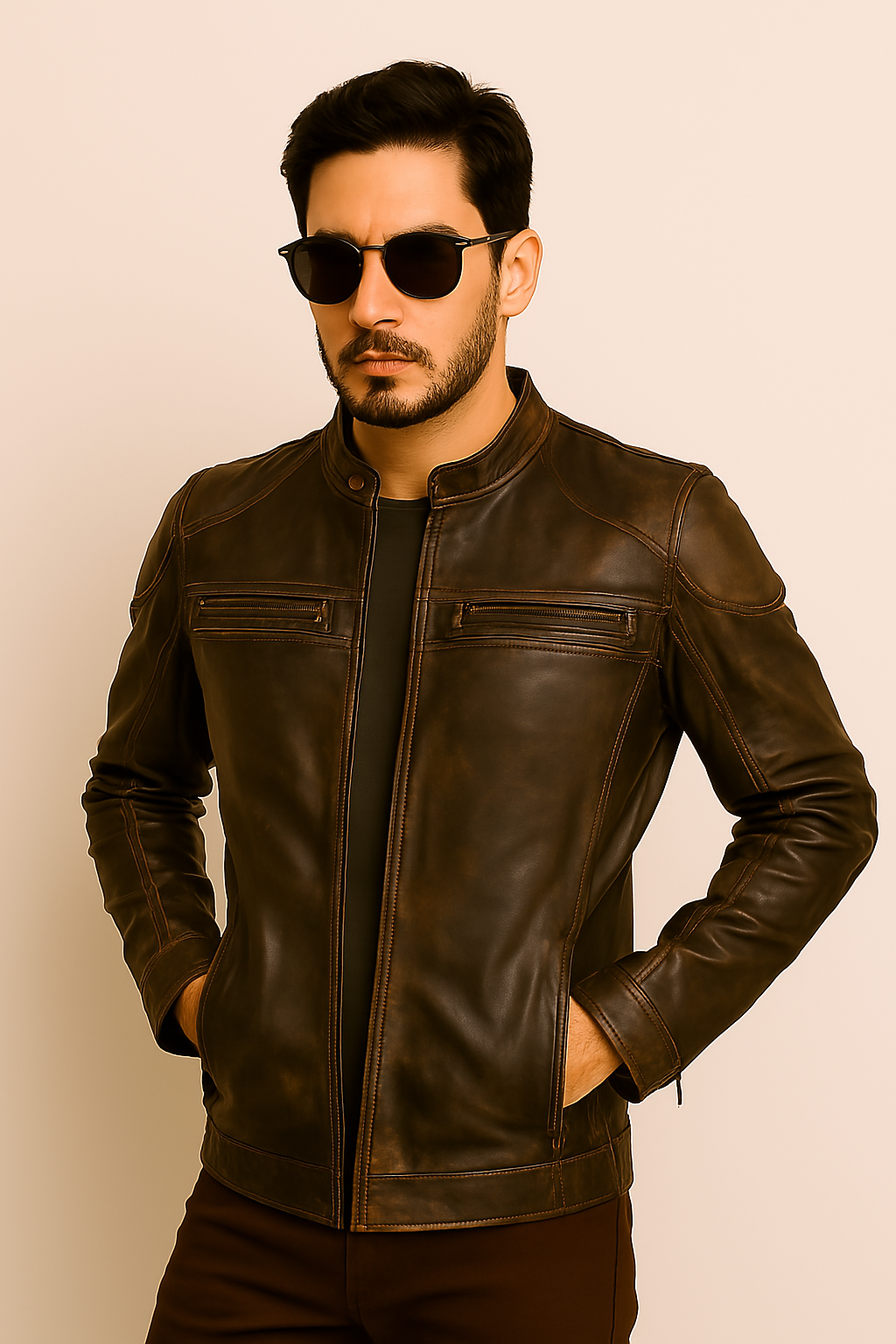 Men Stylish Classic Distressed Triple Stitched Brown Leather Jacket - Image 3
