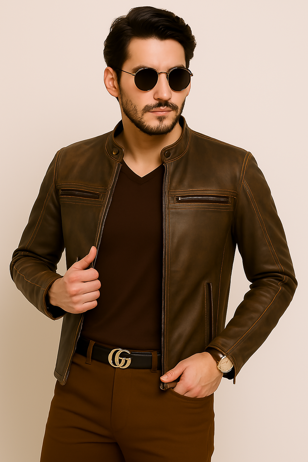 Men Stylish Classic Distressed Triple Stitched Brown Leather Jacket - Image 4