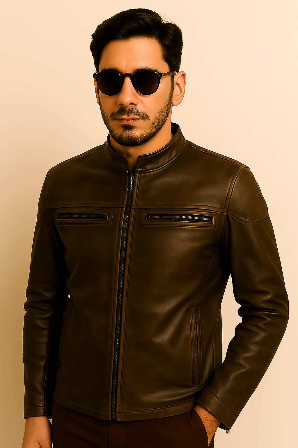 Men Stylish Classic Distressed Triple Stitched Brown Leather Jacket - Image 5