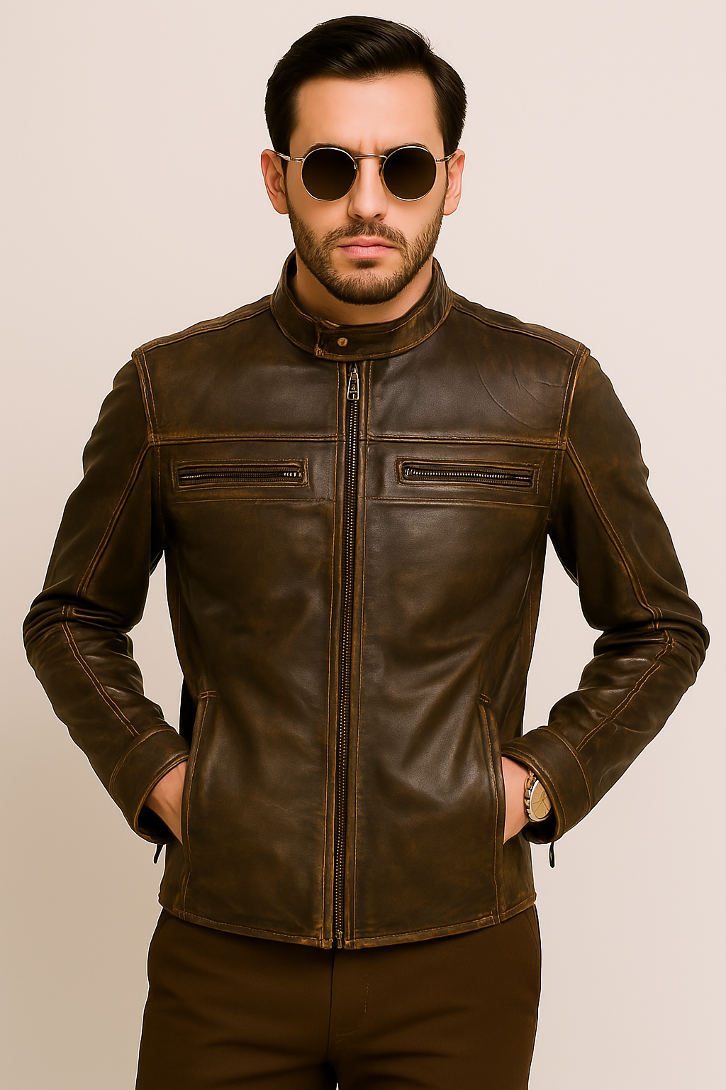 Men Stylish Classic Distressed Triple Stitched Brown Leather Jacket - Image 6