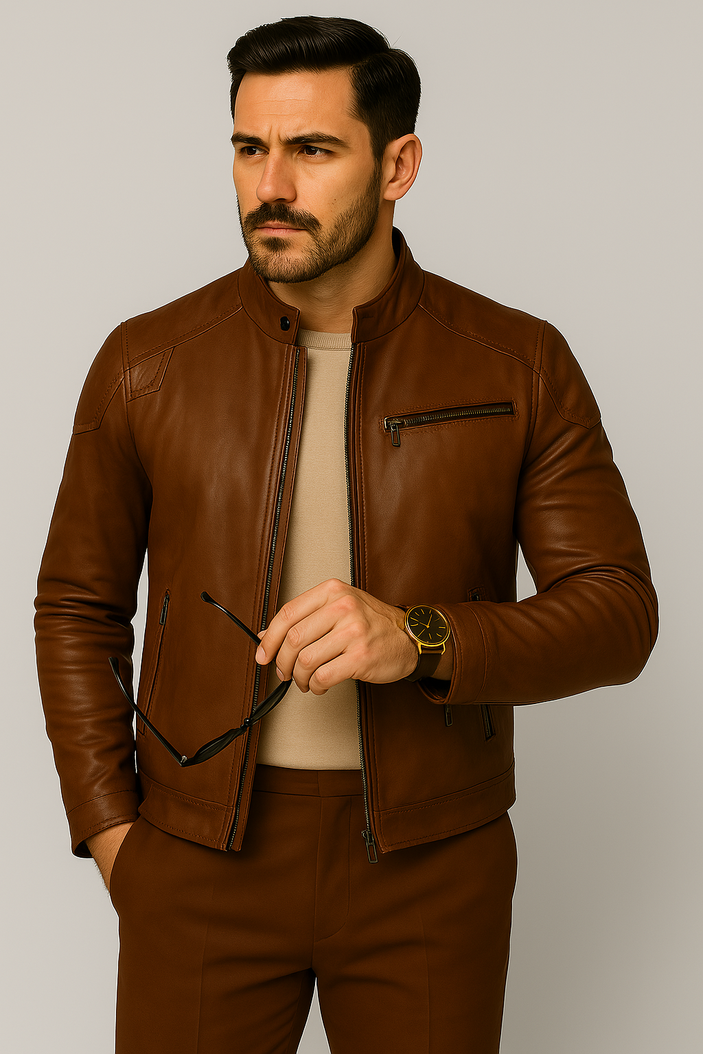 Men's Brown Genuine Leather Jacket - Image 2