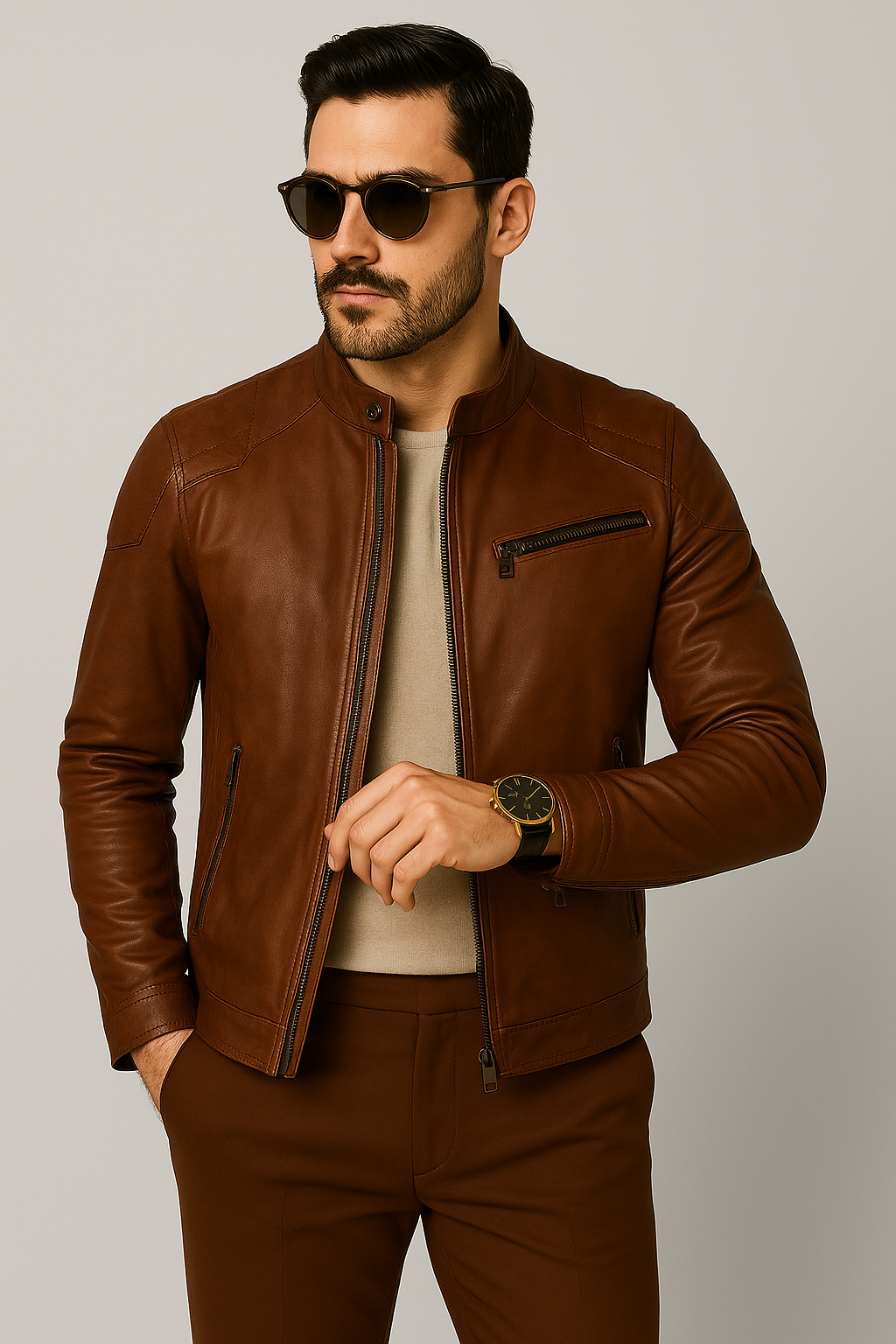 Men's Brown Genuine Leather Jacket - Image 3