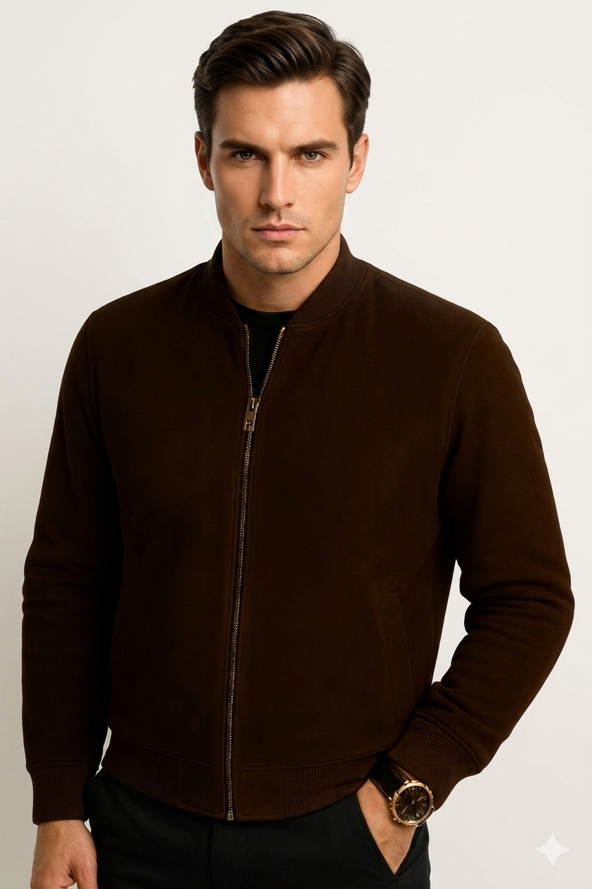Men’s Classic Dark Brown Suede Leather Bomber Jacket