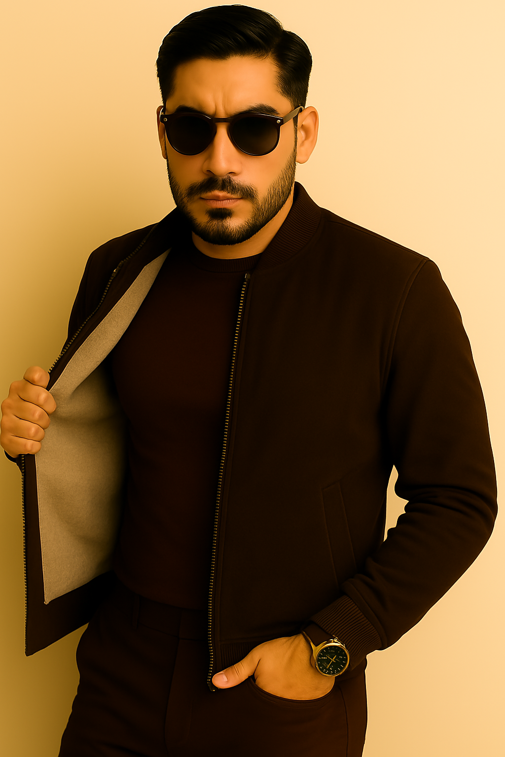 Men’s Classic Dark Brown Suede Leather Bomber Jacket - Image 2