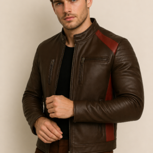 Men's Stylish Brown and Red Stripe Leather Jacket