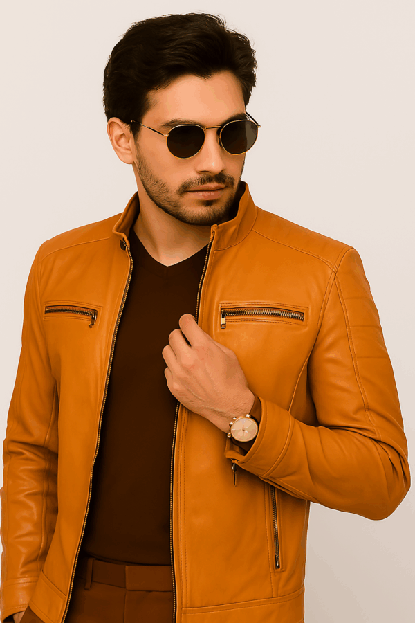 Men’s Mustard Sheepskin Leather Moto Jacket - Image 5