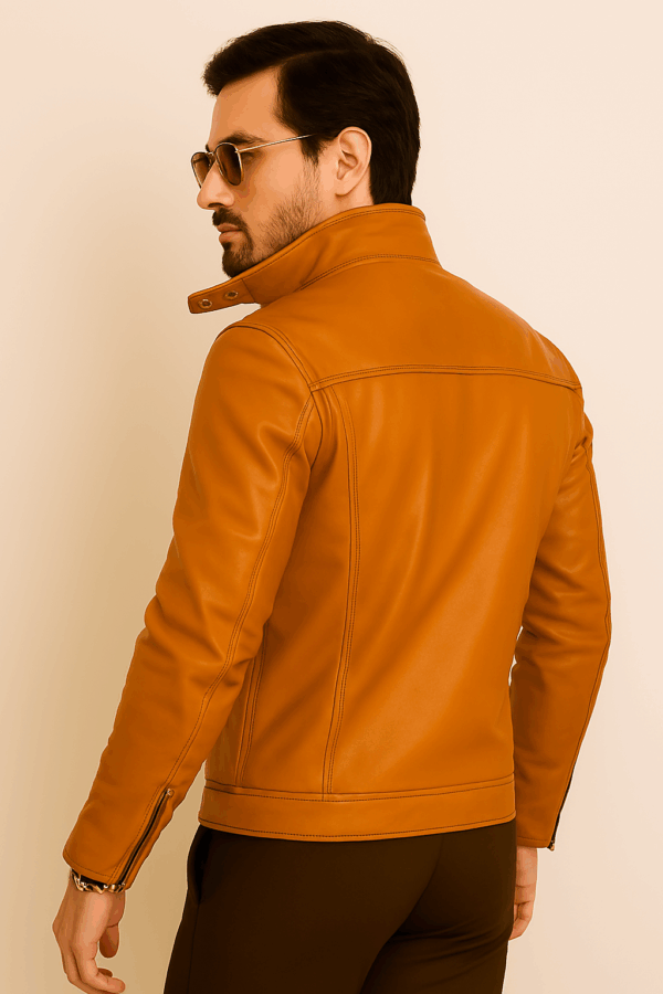 Men’s Mustard Sheepskin Leather Moto Jacket - Image 4