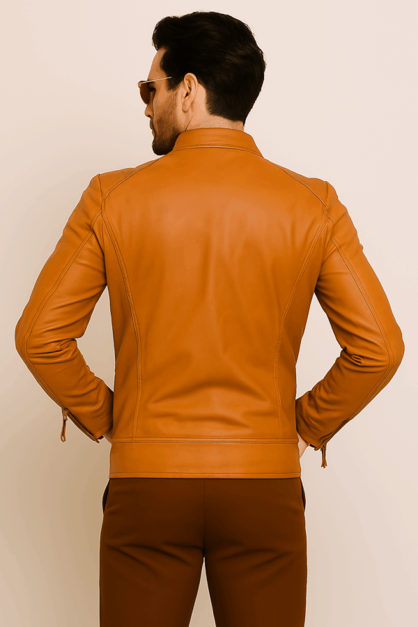 Men’s Mustard Sheepskin Leather Moto Jacket - Image 6