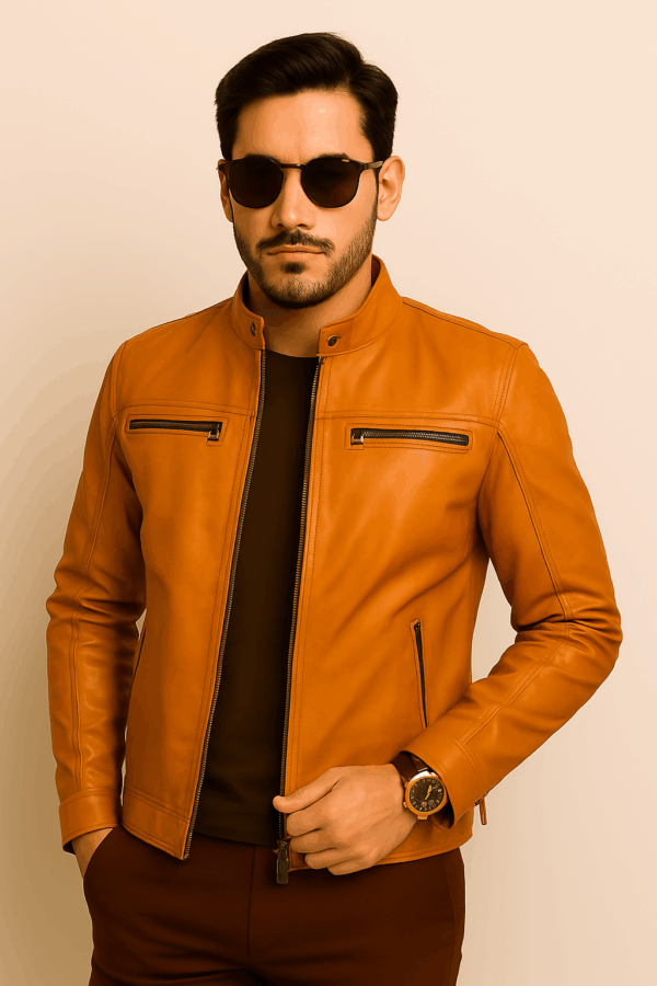 Men’s Mustard Sheepskin Leather Moto Jacket - Image 3