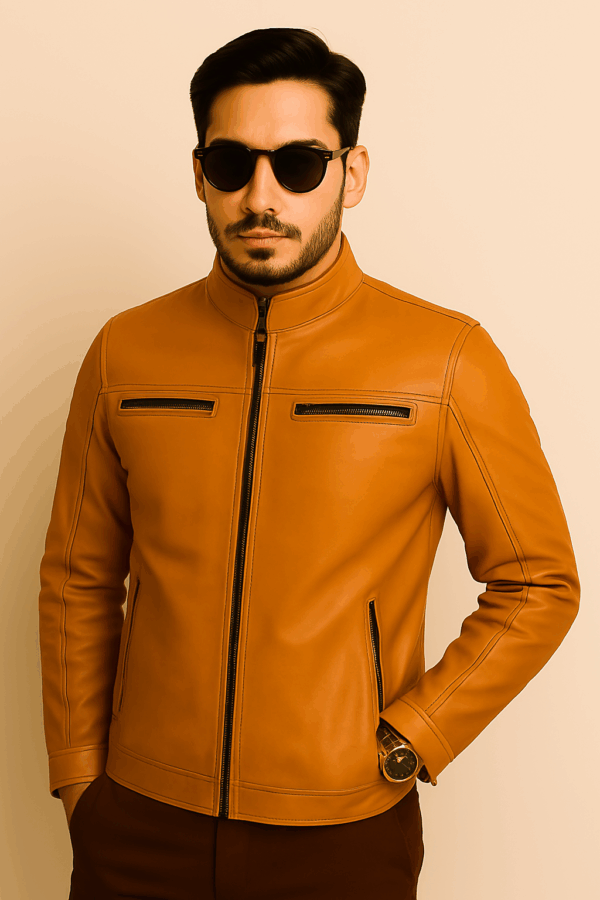 Men’s Mustard Sheepskin Leather Moto Jacket - Image 2