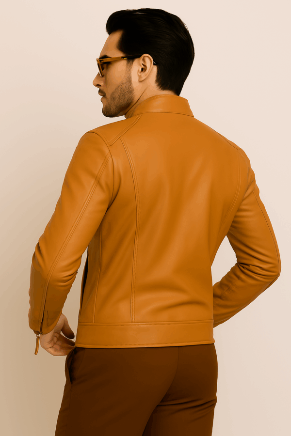 Men’s Mustard Sheepskin Leather Moto Jacket - Image 7