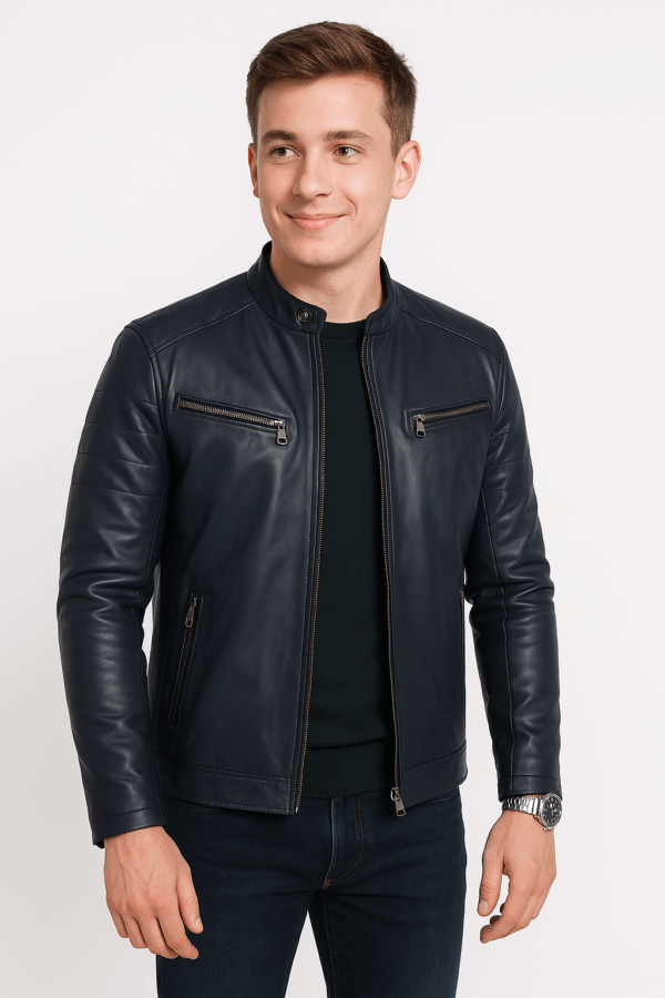New Classic Blue Leather Sport Jacket for Men - Image 10