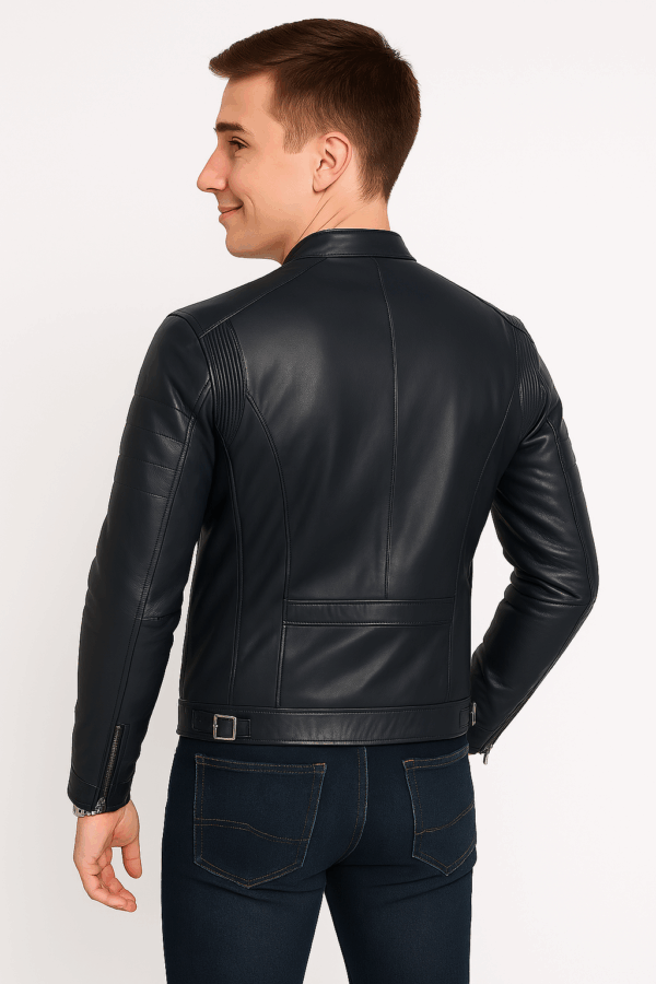 New Classic Blue Leather Sport Jacket for Men - Image 9