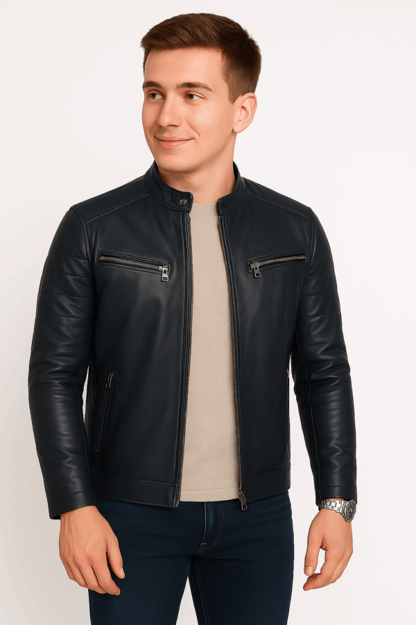 New Classic Blue Leather Sport Jacket for Men - Image 8
