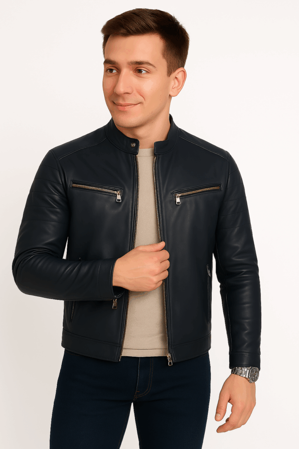 New Classic Blue Leather Sport Jacket for Men