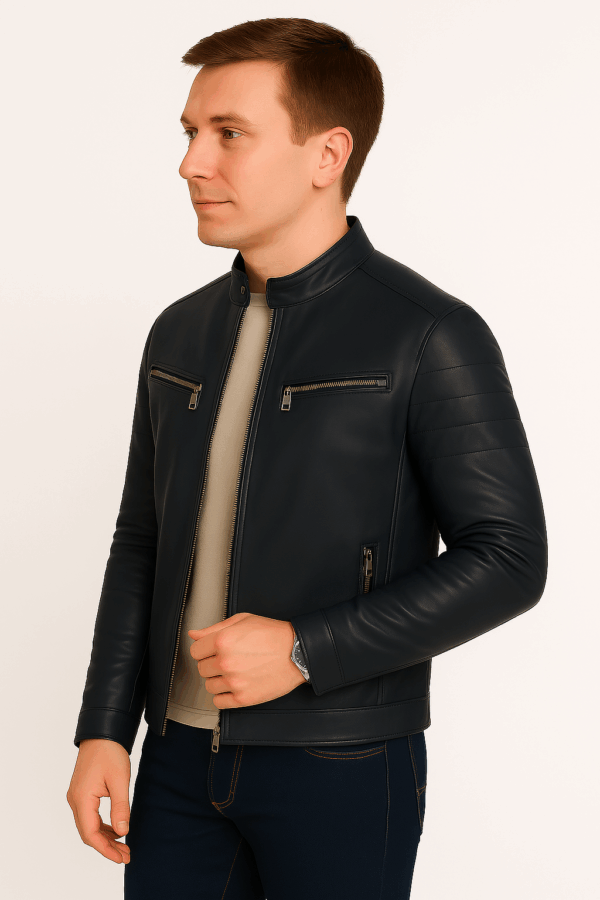 New Classic Blue Leather Sport Jacket for Men - Image 6