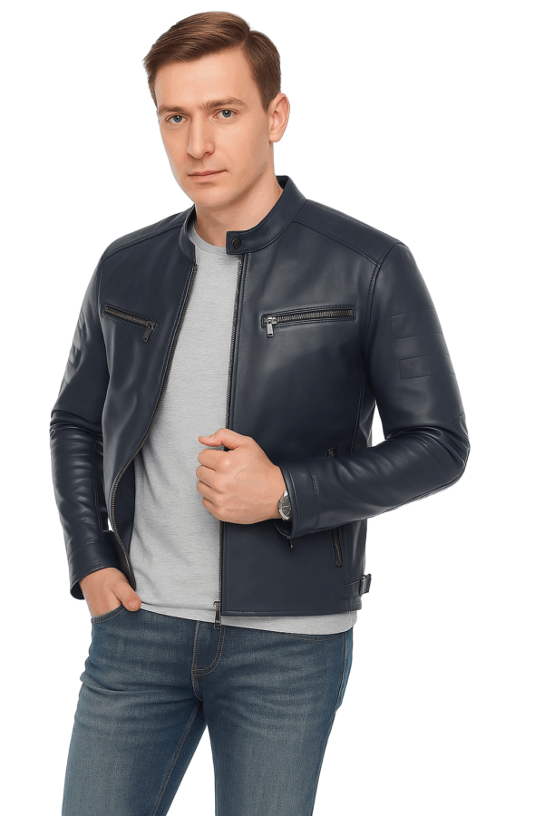 New Classic Blue Leather Sport Jacket for Men - Image 3