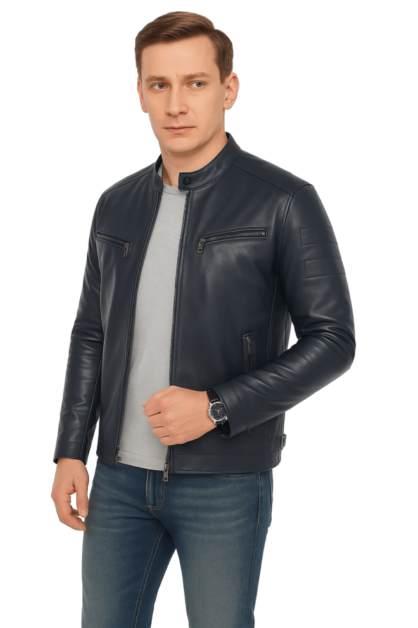 New Classic Blue Leather Sport Jacket for Men - Image 2