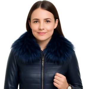Blue Leather Moto Jacket for Women with Detachable Fur