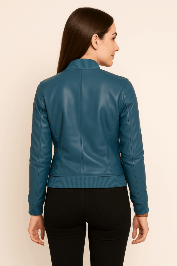 New Women’s Classic Blue Leather Bomber Jacket - Image 7
