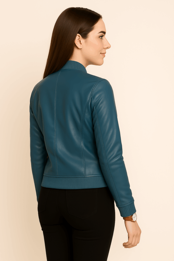 New Women’s Classic Blue Leather Bomber Jacket - Image 6