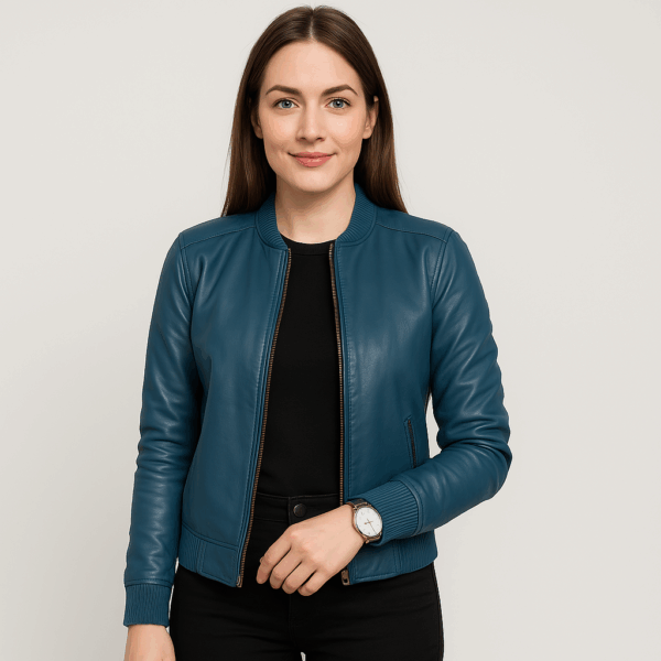 New Women’s Classic Blue Leather Bomber Jacket - Image 2