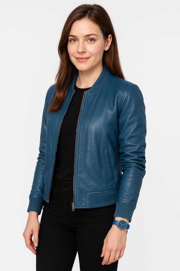 Blue Leather Moto Jacket for Women with Detachable Fur - Image 6