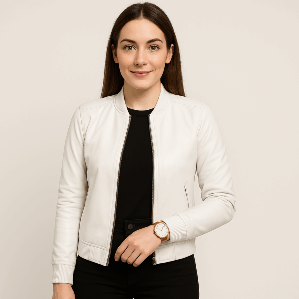 New Women’s Classic Blue Leather Bomber Jacket - Image 13