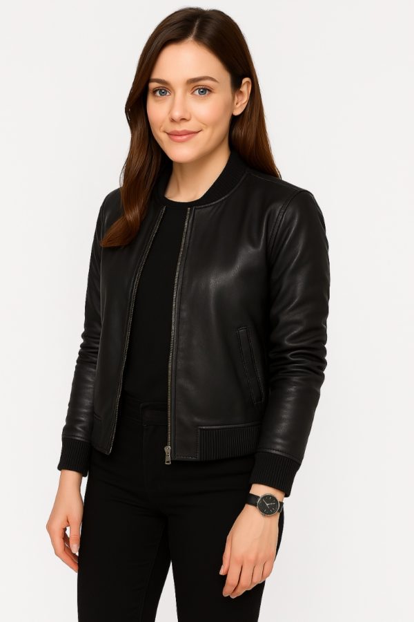 New Women’s Classic Blue Leather Bomber Jacket - Image 10