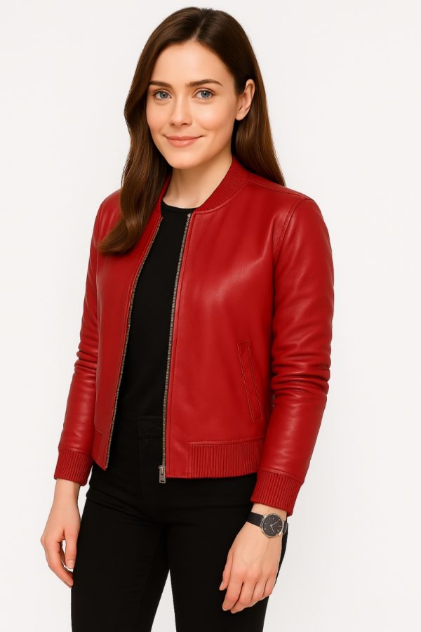 New Women’s Classic Blue Leather Bomber Jacket - Image 9