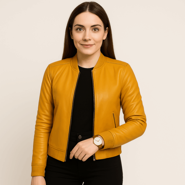 New Women’s Classic Blue Leather Bomber Jacket - Image 12