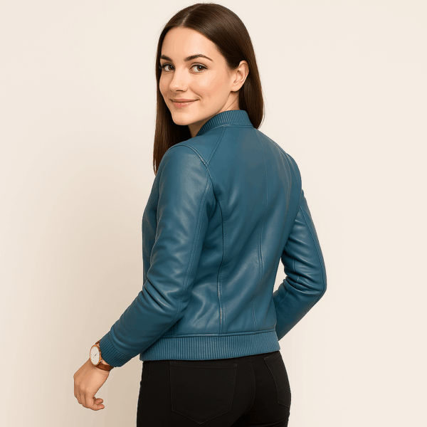New Women’s Classic Blue Leather Bomber Jacket - Image 8