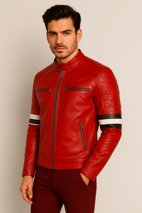 Classic Red Leather Biker Jacket with Padded Shoulders for Men - Image 6