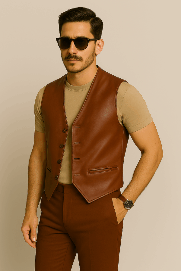 New Classic Brown Leather Vest - Image 7