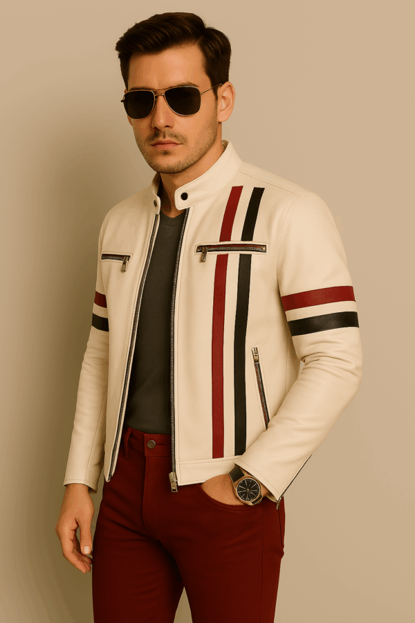 Classic White Sheepskin Racer Leather Jacket for Men - Image 3