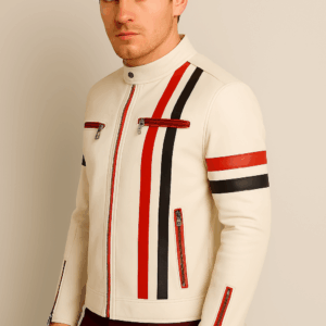 Classic White Sheepskin Racer Leather Jacket for Men