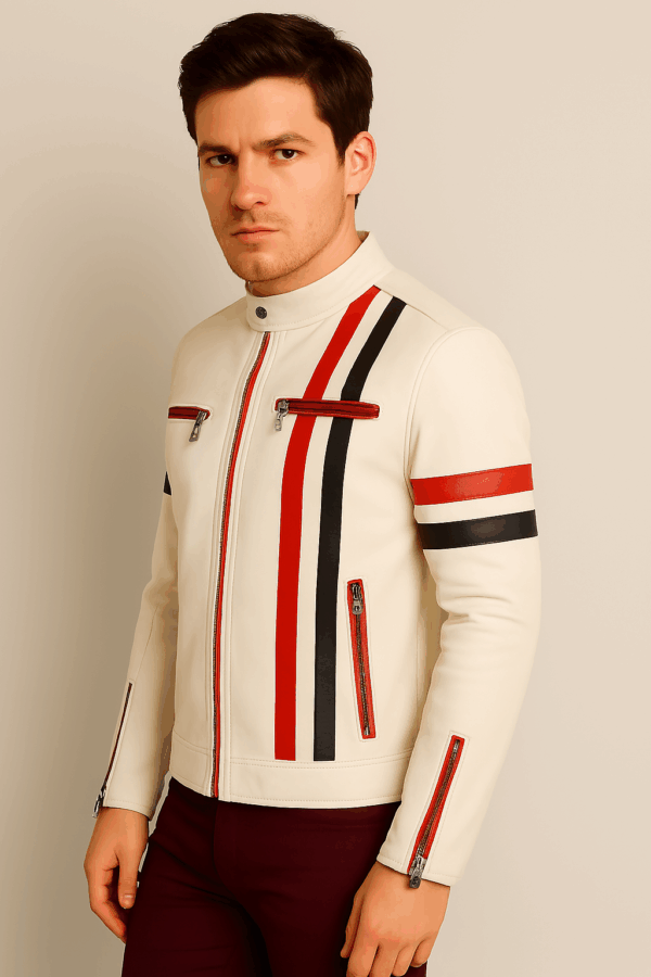 Classic White Sheepskin Racer Leather Jacket for Men