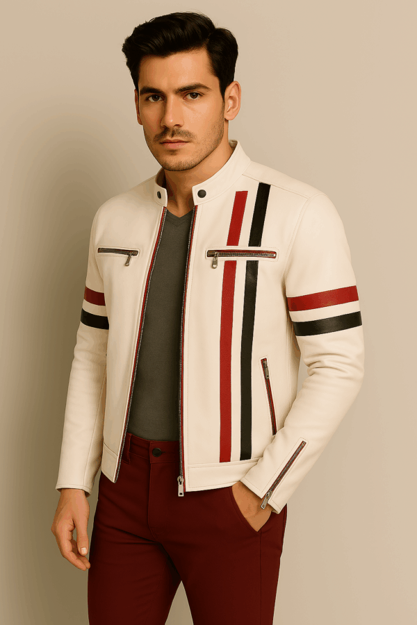 Classic White Sheepskin Racer Leather Jacket for Men - Image 4