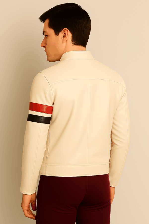 Classic White Sheepskin Racer Leather Jacket for Men - Image 5