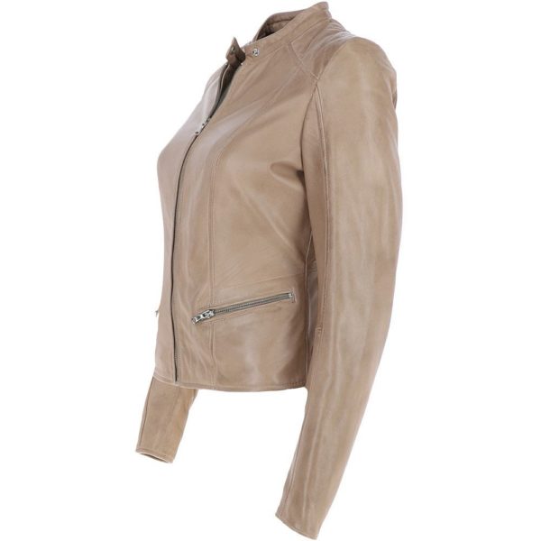 Classic Beige Leather Moto Jacket for Women - Image 4