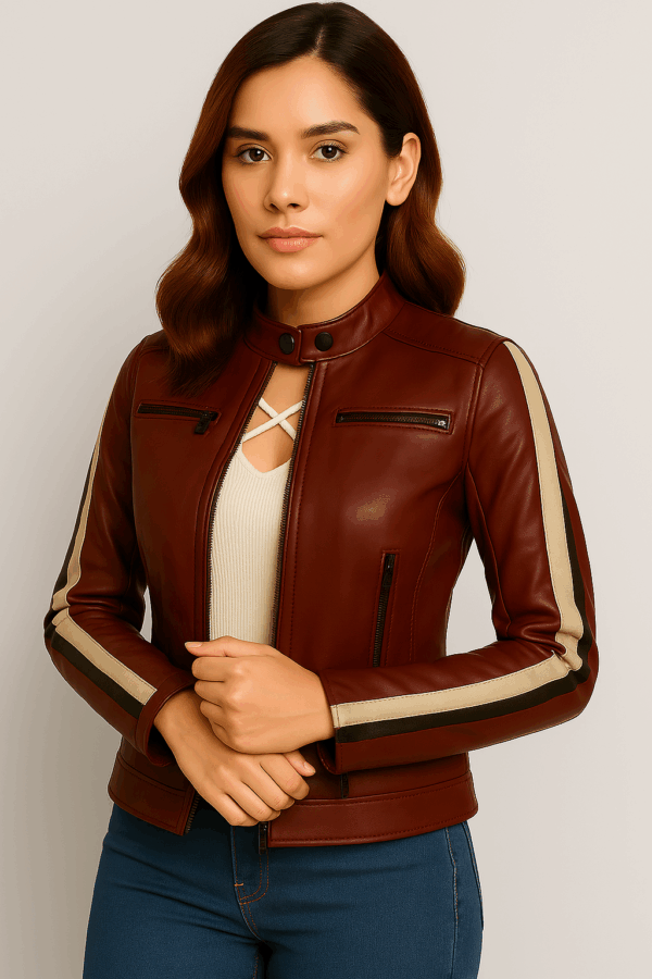 Premium Women's Reddish-Brown Leather Biker Jacket - Image 6