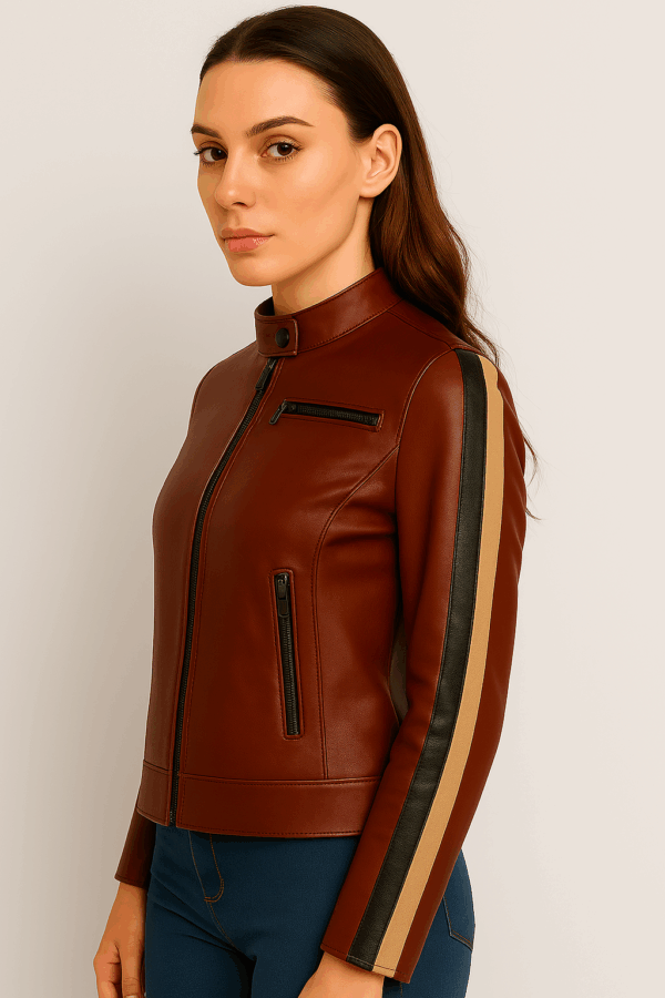 Premium Women's Reddish-Brown Leather Biker Jacket - Image 7