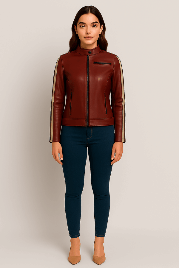 Premium Women's Reddish-Brown Leather Biker Jacket - Image 8