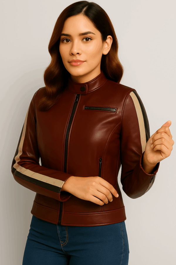 Premium Women's Reddish-Brown Leather Biker Jacket - Image 9
