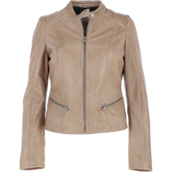 Classic Beige Leather Moto Jacket for Women - Image 5