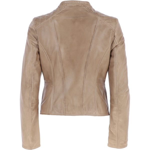 Classic Beige Leather Moto Jacket for Women - Image 3