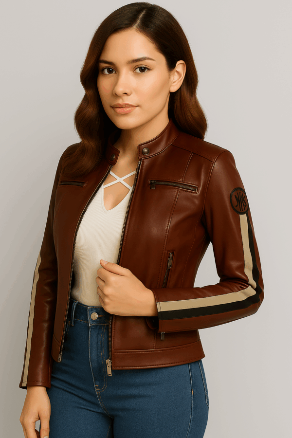 Premium Women's Reddish-Brown Leather Biker Jacket - Image 5