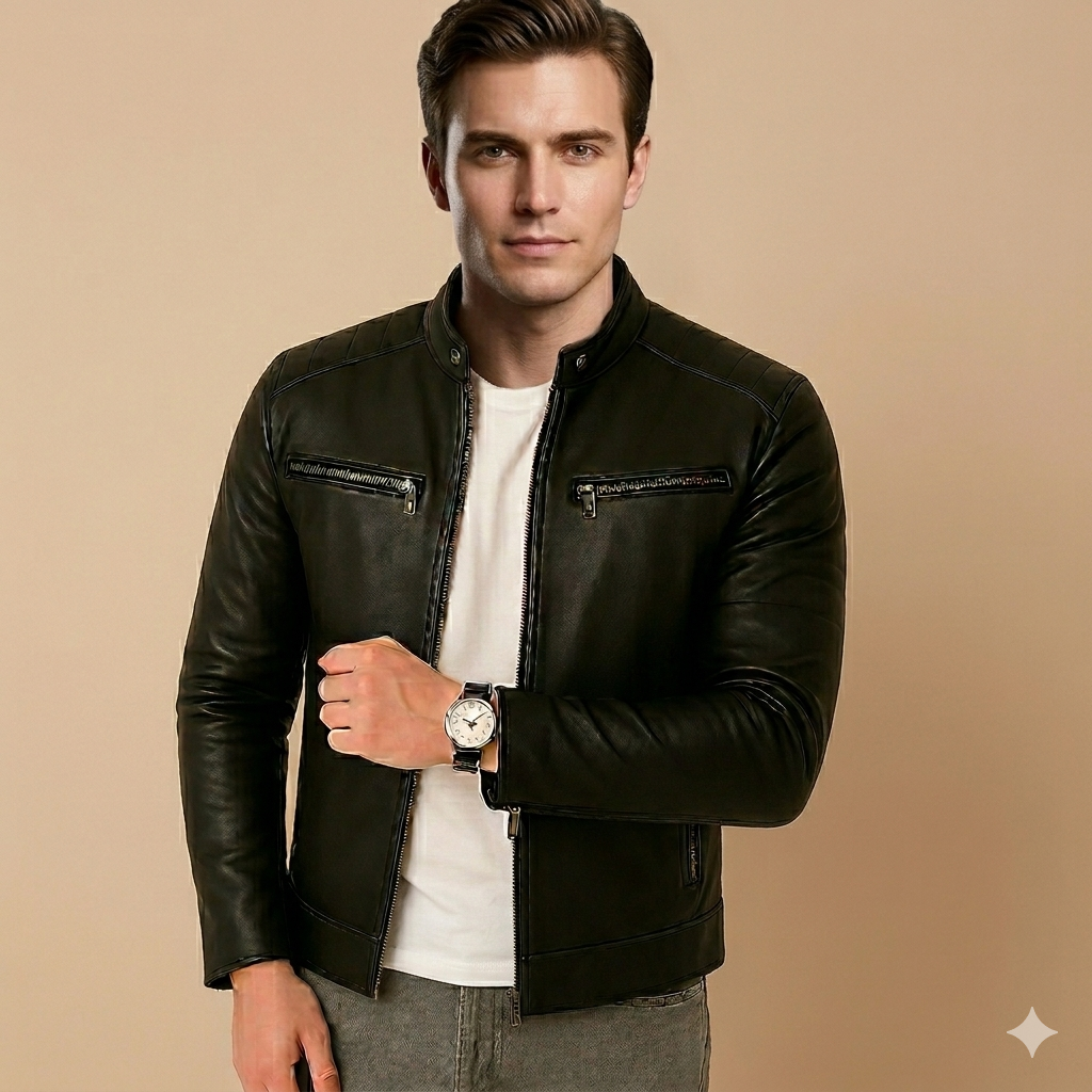 Men’s Stylish Black Leather Racer Jacket